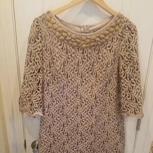 Adrianna Papell Women's Beige Beaded Feather-Cuff- Bell-Sleeve Dress Size 10